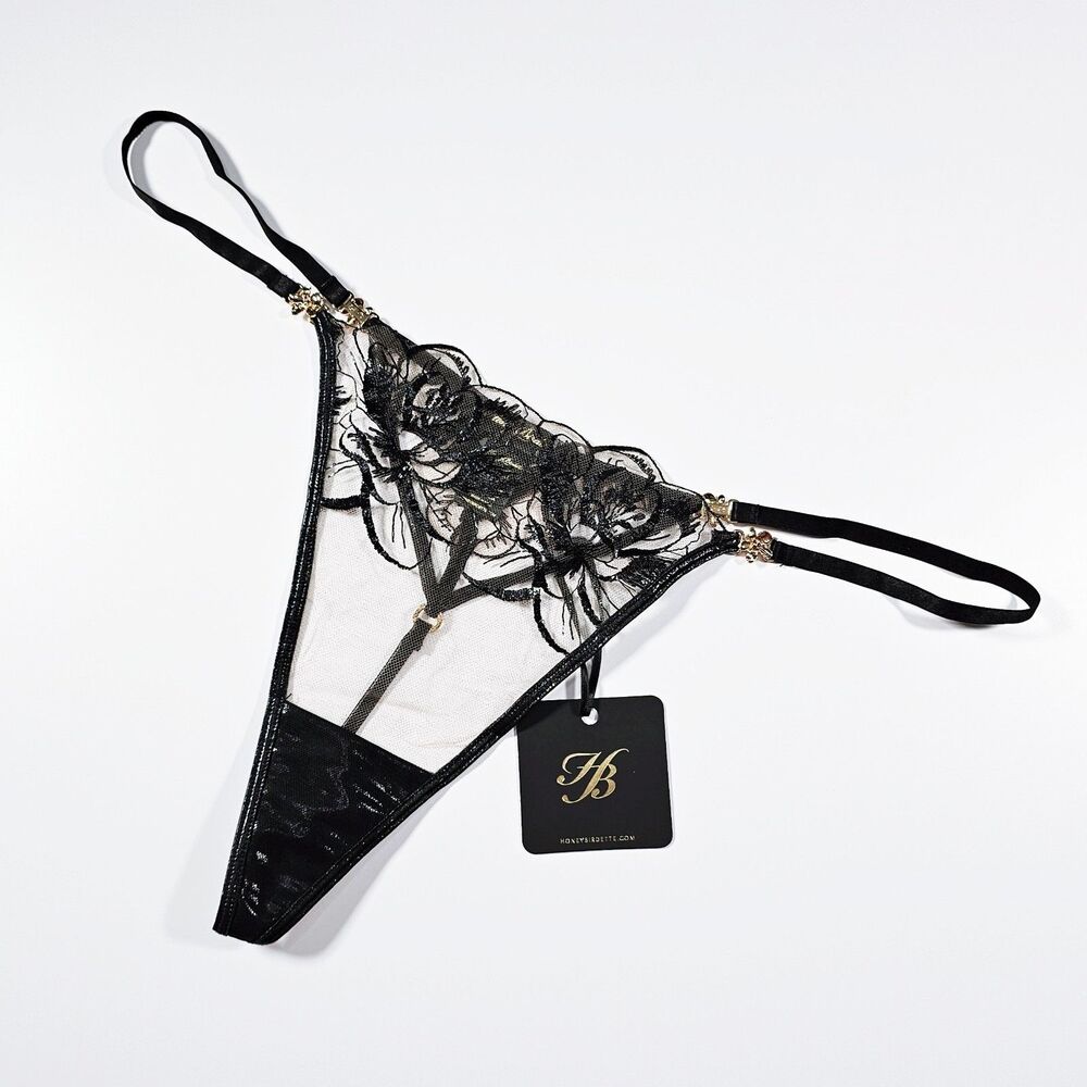 Honey Birdette Seraphina Black Sheer Floral Embroidery String Thong Size XL